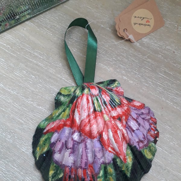 Handpainted 'large fuchsias' king scallop shell wall art
