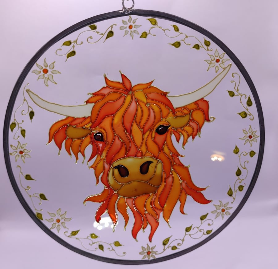 Handmade glass painted window hanging, Highland Cow, Folk Art style