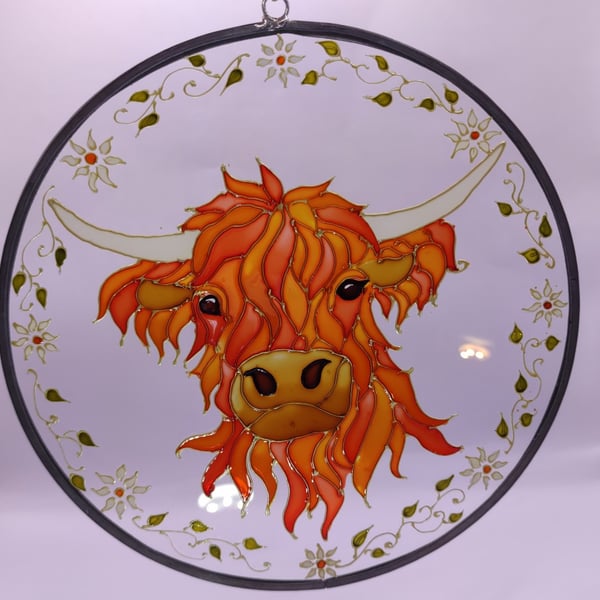 Handmade glass painted window hanging, Highland Cow, Folk Art style