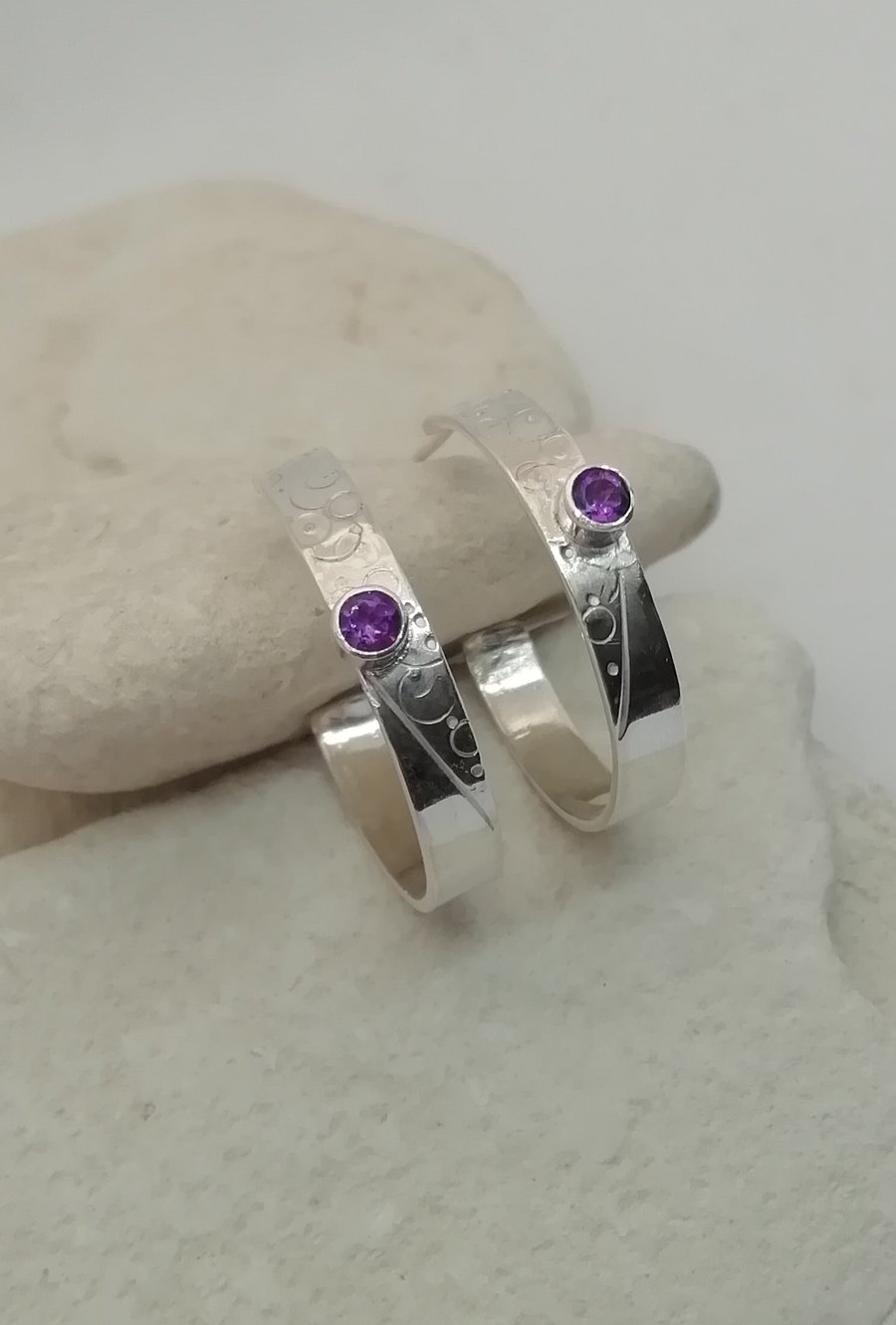 Textured Silver Hooped Earrings with Amethysts