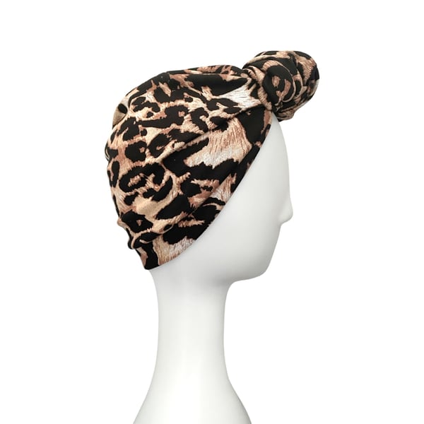 Leopard print soft jersey turban hat for women, Retro style knot turban for her