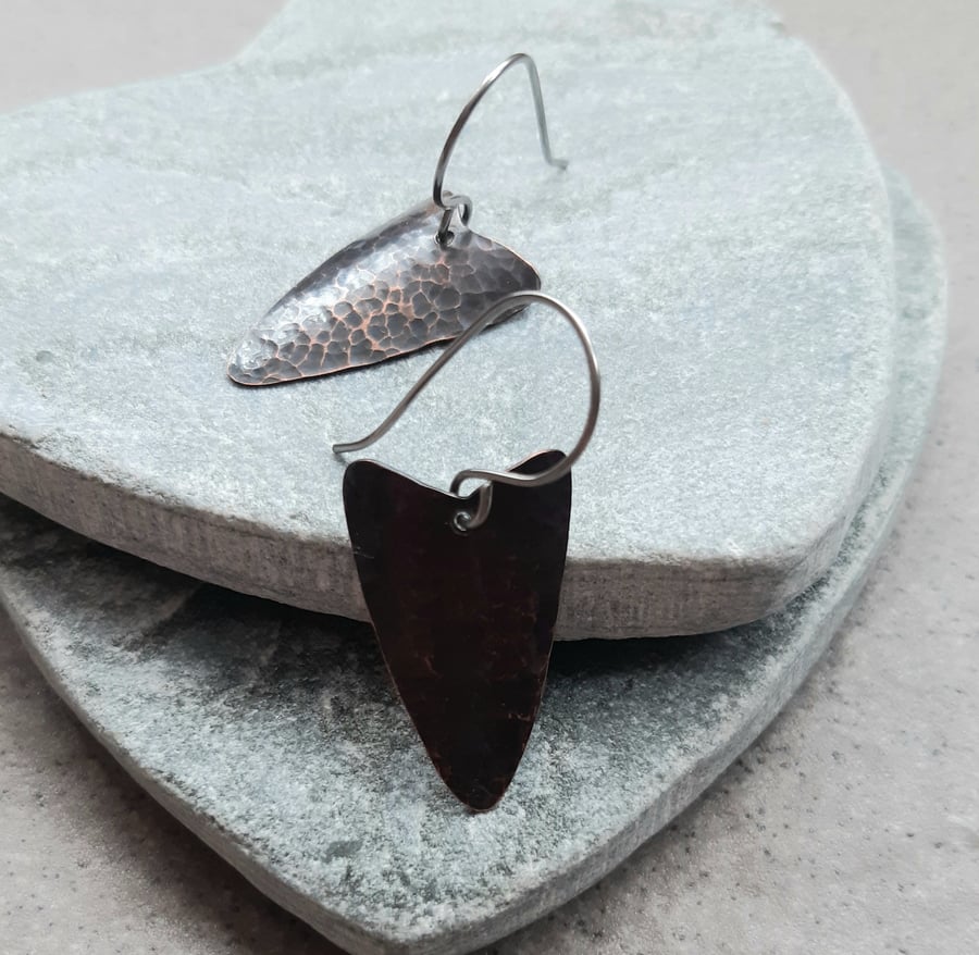 Oxidised Copper Heart Drop Earrings Dangle Earrings Niobium Ear Wires