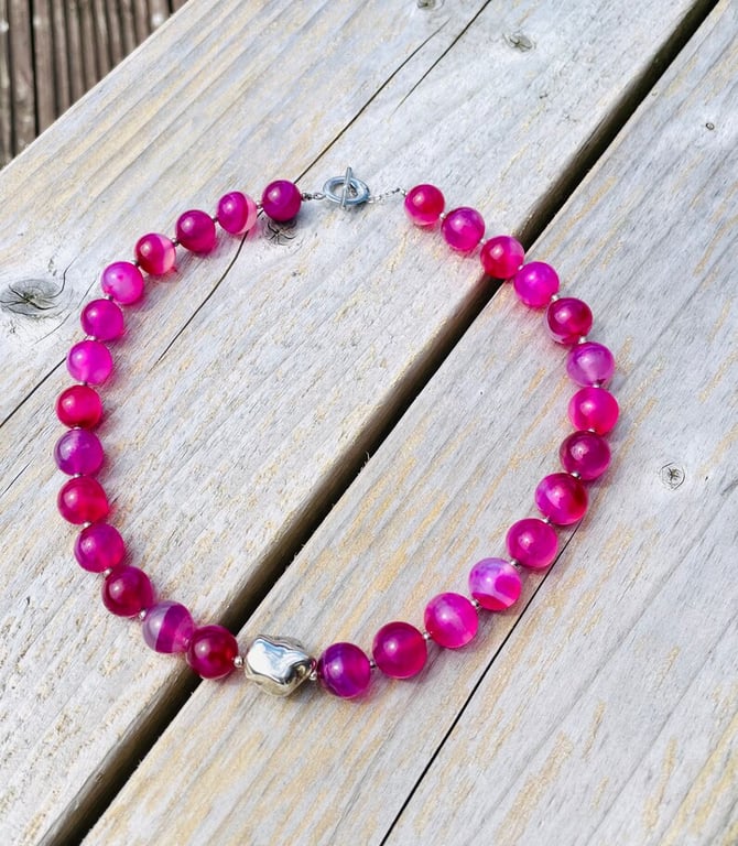 Pink Agate Necklace with Sterling Silver Pebble Design, Gifts for Her