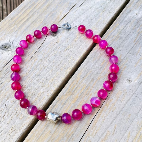 Pink Agate Necklace with Sterling Silver Pebble Design, Gifts for Her