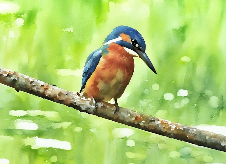 Print of Original Water Colour A4 Kingfisher Looking 