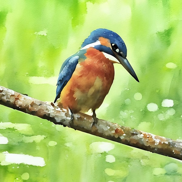 Print of Original Water Colour A4 Kingfisher Looking 