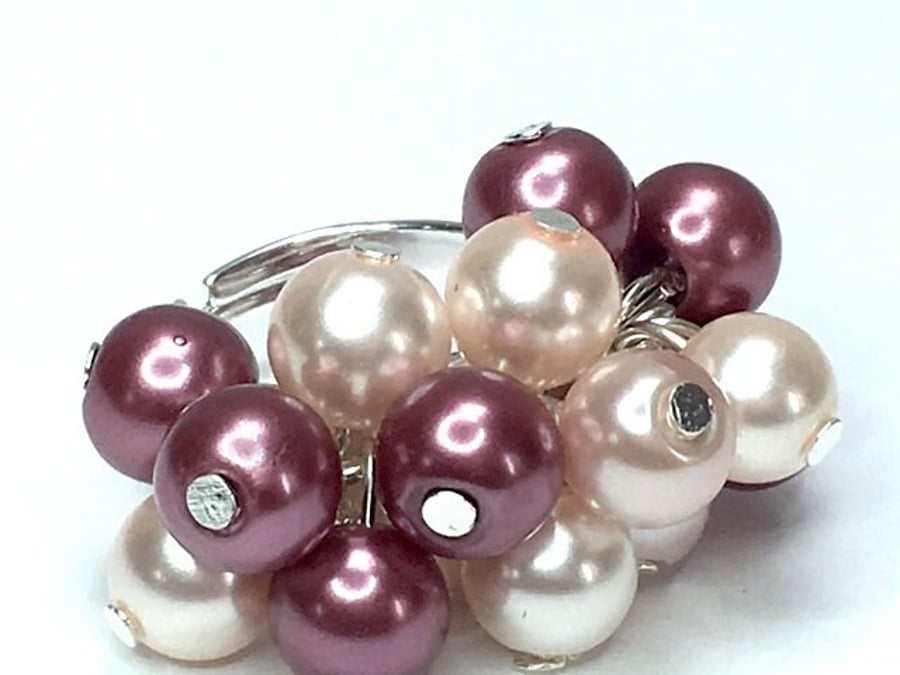 FAUX PEARL COCKTAIL ring cluster pink blush magenta fits all sizes silver plate