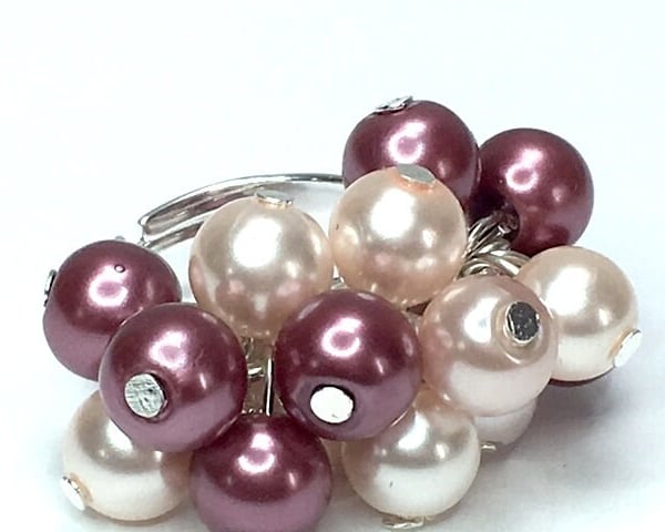 FAUX PEARL COCKTAIL ring cluster pink blush magenta fits all sizes silver plate