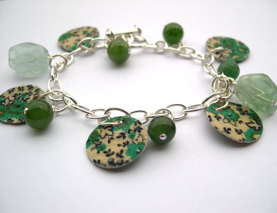 Hardened Fabric Green Ditsy Print Charm Bracelet with Semi Precious Stones