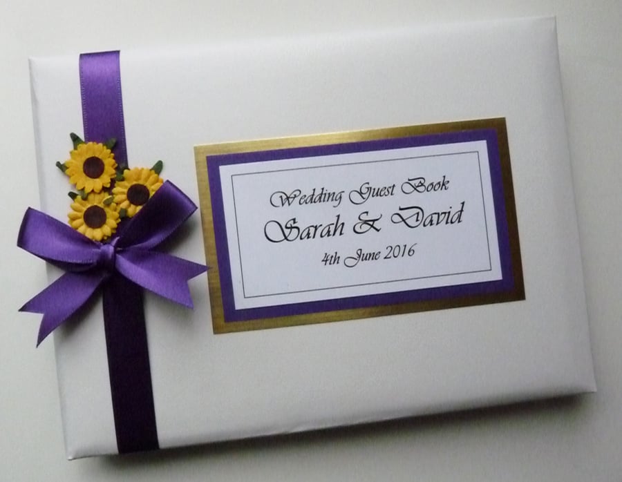 Wedding guest book with sunflowers, purple and white wedding guest book, gift