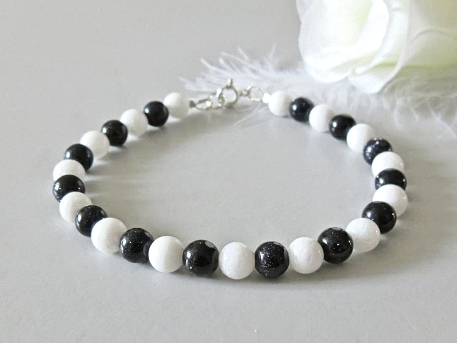 Sparkly Navy Blue Goldstone & White Agate Bracelet - Under 20