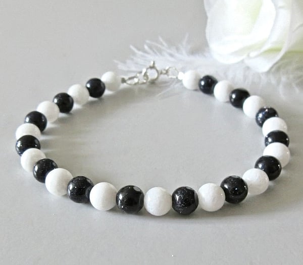 Sparkly Navy Blue Goldstone & White Agate Bracelet - Under 20