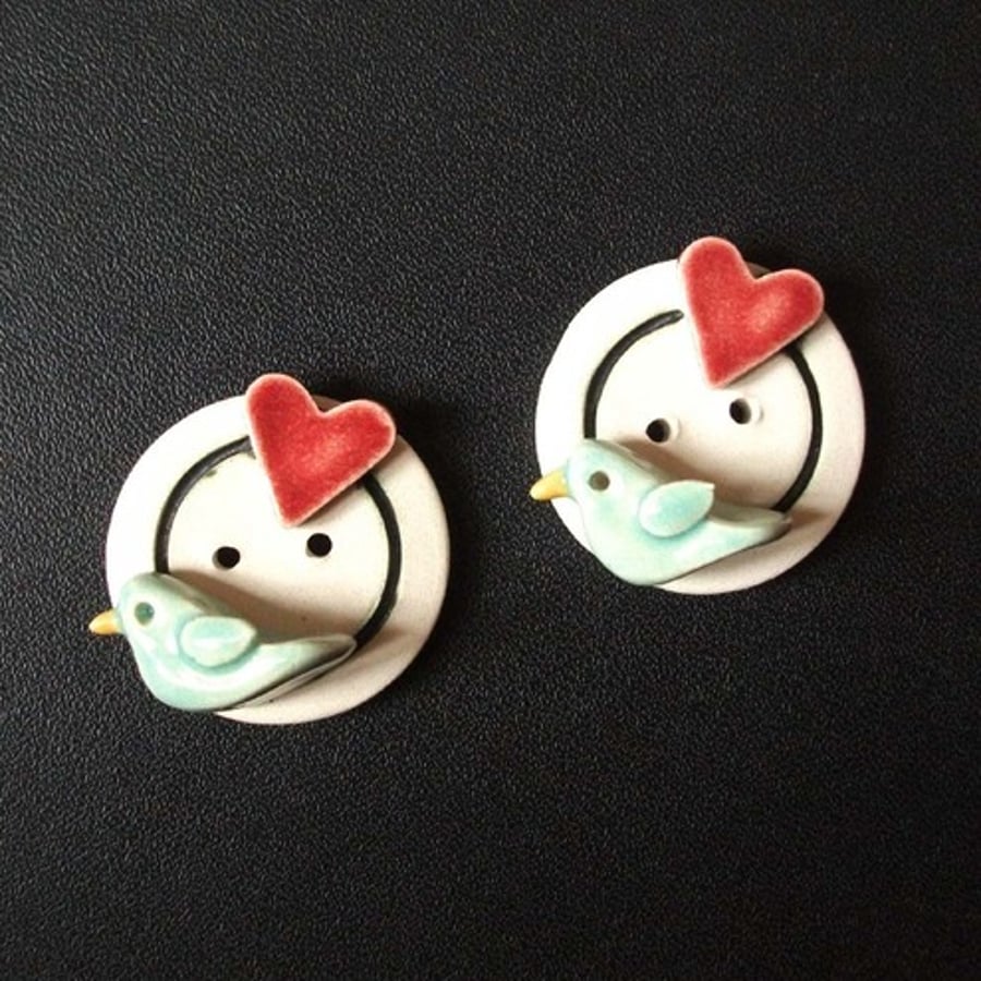 Bird and heart ceramic buttons set of two