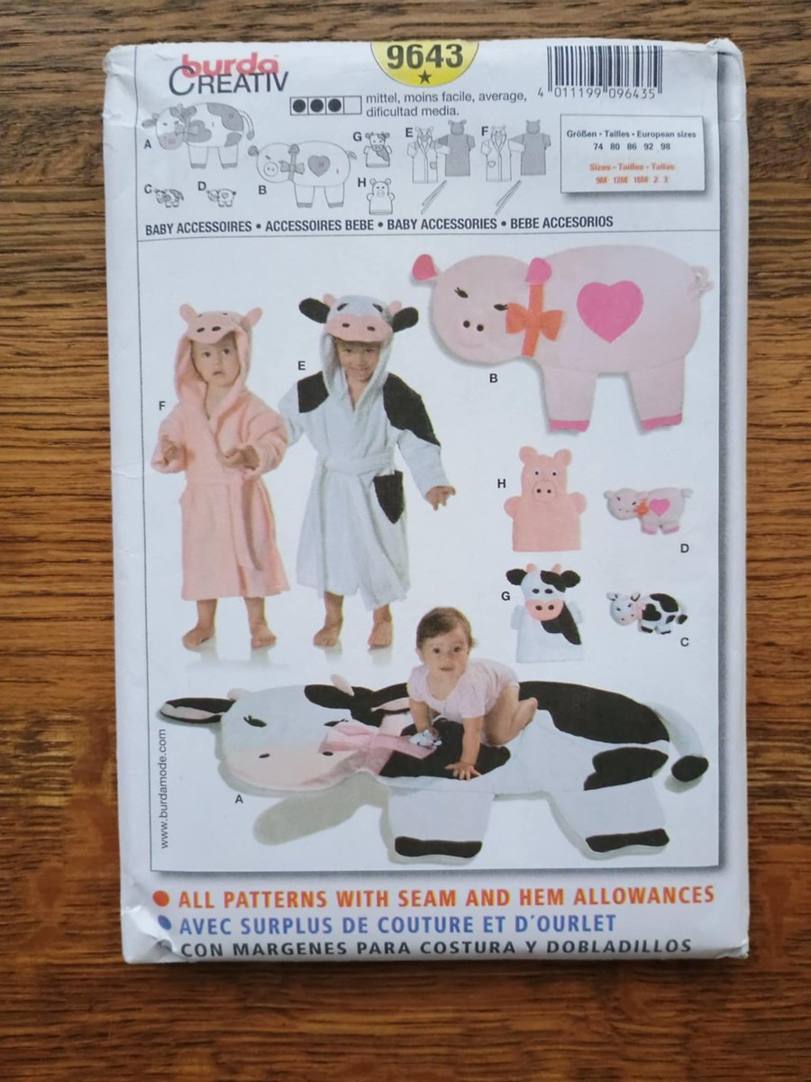 Cow or Pig Sewing Pattern Baby Toddler Accessories -  Burda 9643 