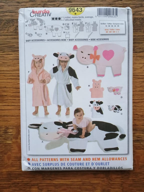 Cow or Pig Sewing Pattern Baby Toddler Accessories -  Burda 9643 