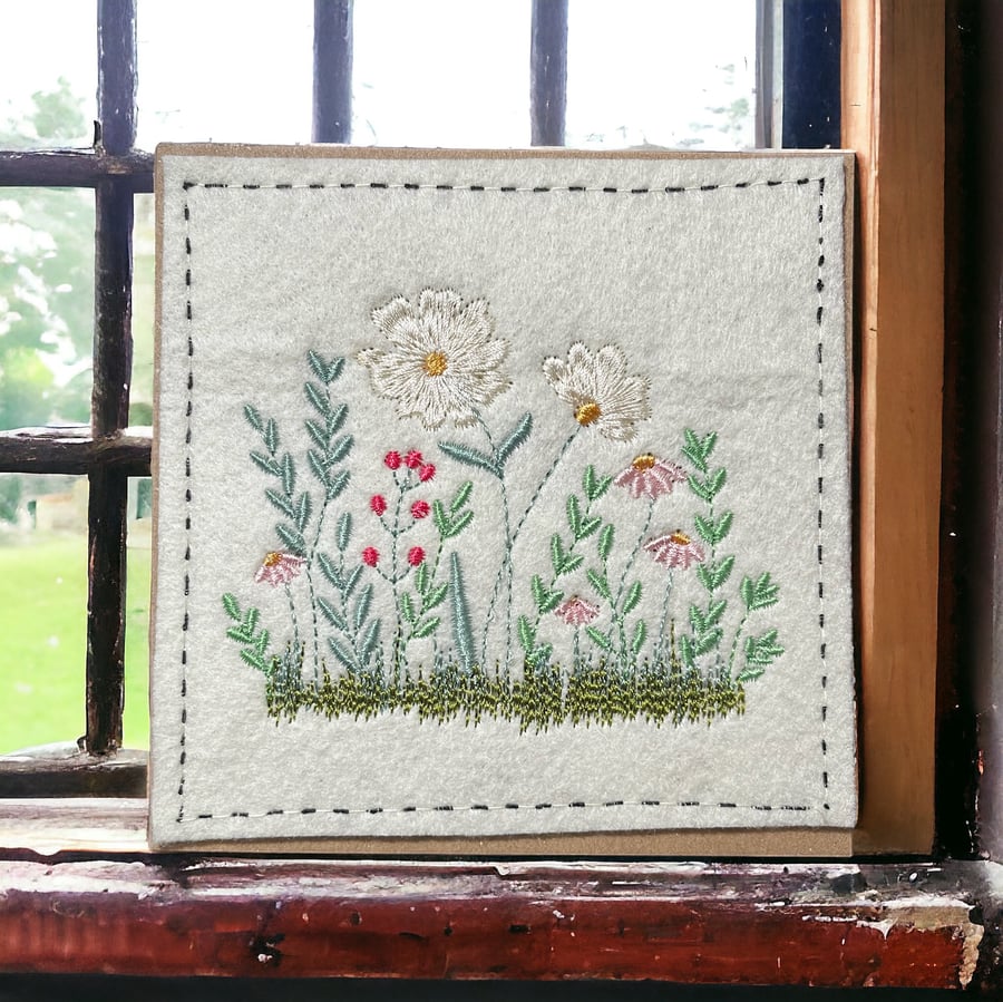 Handmade embroidered greetings card featuring wild canal path flowers. 