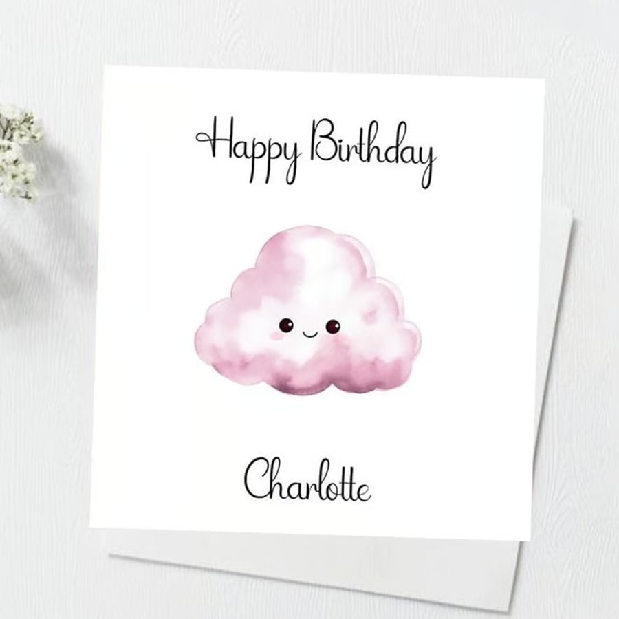 Personalised Pink Cloud Birthday Card Handmade Birthday Card 