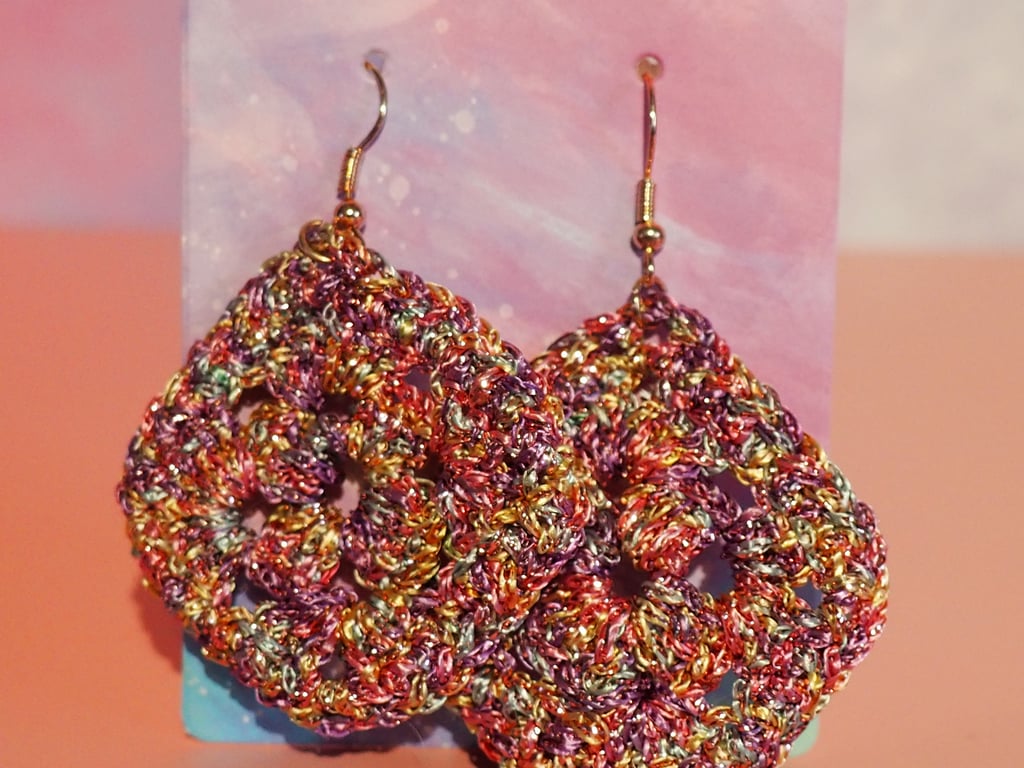 Pink Metallic Granny Square Crochet Earrings 