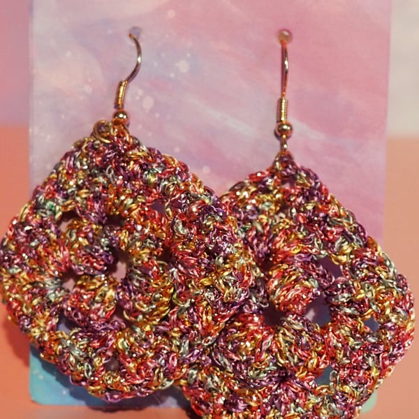 Pink Metallic Granny Square Crochet Earrings 