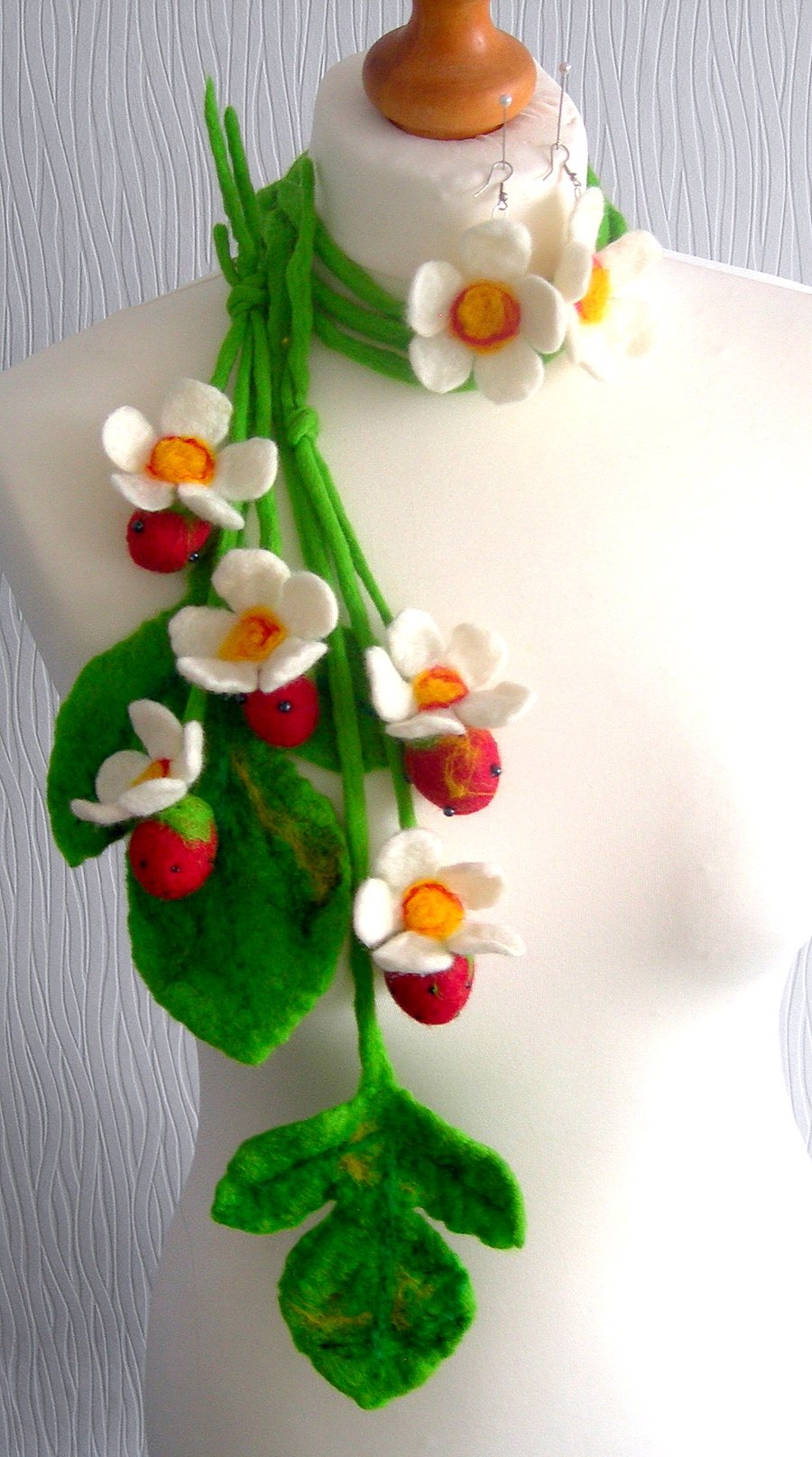  Hand Felted NECKLACEor SCARF or BELT-and  earrings STRAWBERRY BLOSSOM-
