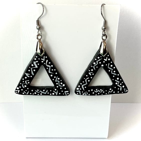 Triangular Clay Hand Painted Black & White Earrings