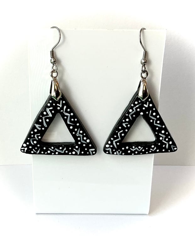 Triangular Clay Hand Painted Black & White Earrings