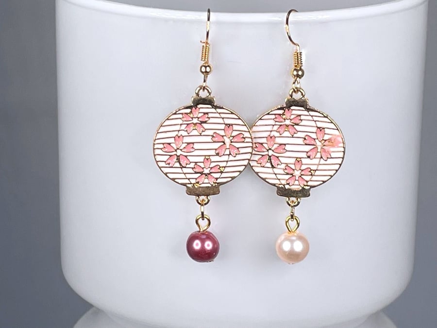 JAPANESE PEARL EARRINGS pink lantern mismatched enamel