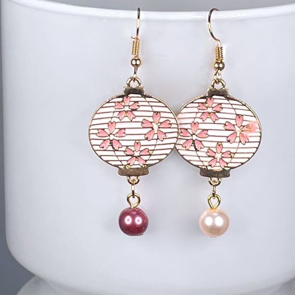 JAPANESE PEARL EARRINGS pink lantern mismatched enamel