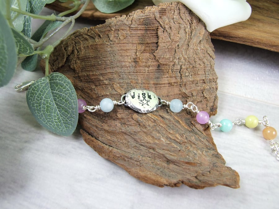 Sentiment Bracelet. Recycled Silver Nugget Wish & Star with Gemstone Beads