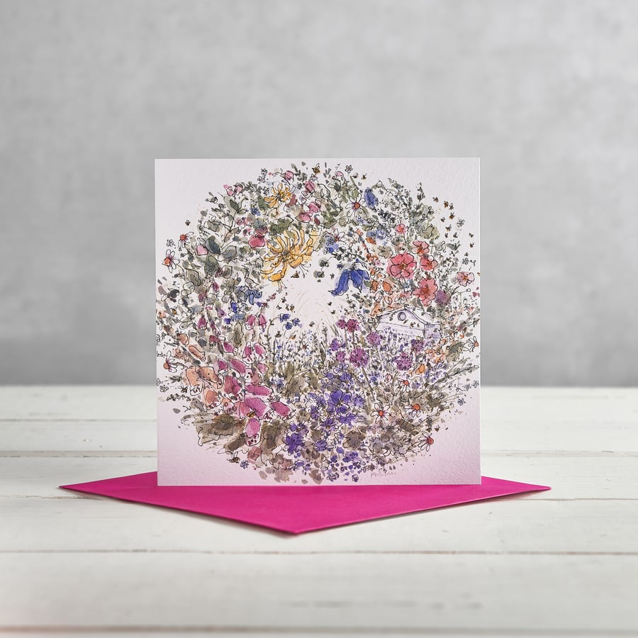 Beehive and Summer Flower Wreath greetings Card