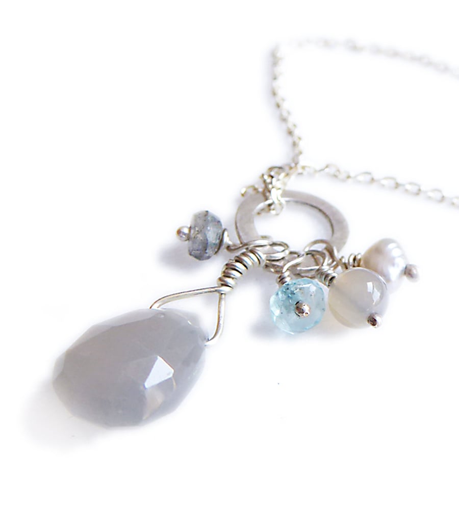 Talisman necklace sterling silver and cluster of gemstones with grey moonstone