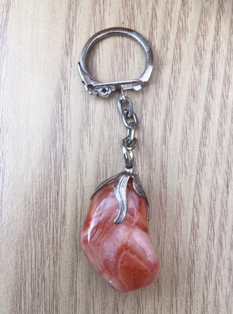 Sunset Agate! Orange Banded Agate Tumblestone Gemstone Keyring or Handbag Charm.