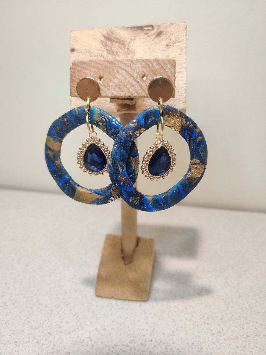 Blue galaxy blue gem hoop dangles 