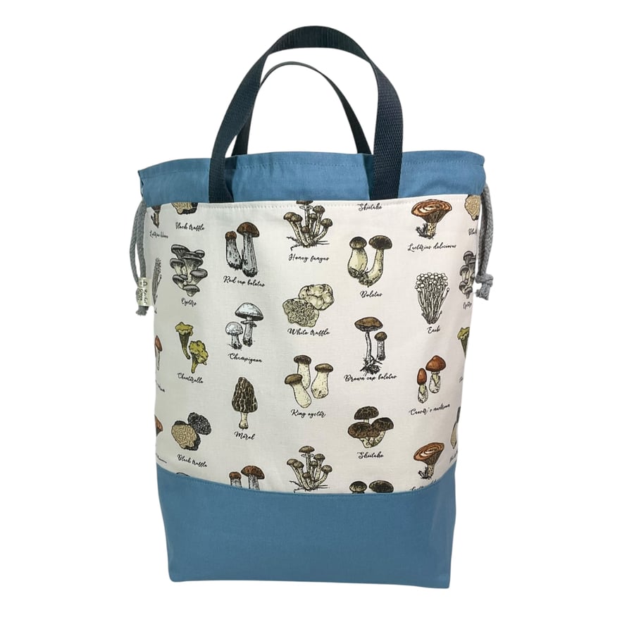 Extra Large canvas drawstring knitting bag with mushroom and toadstool print,