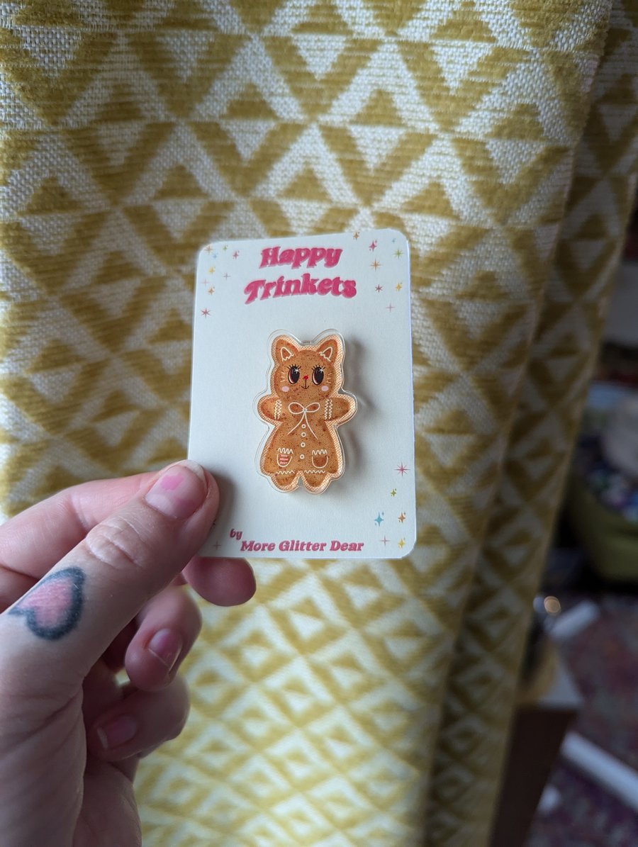 Gingerbread Kitty acrylic pin cute accessory