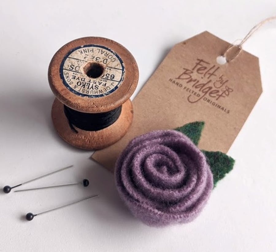 Lilac rose brooch: upcycled wool felt