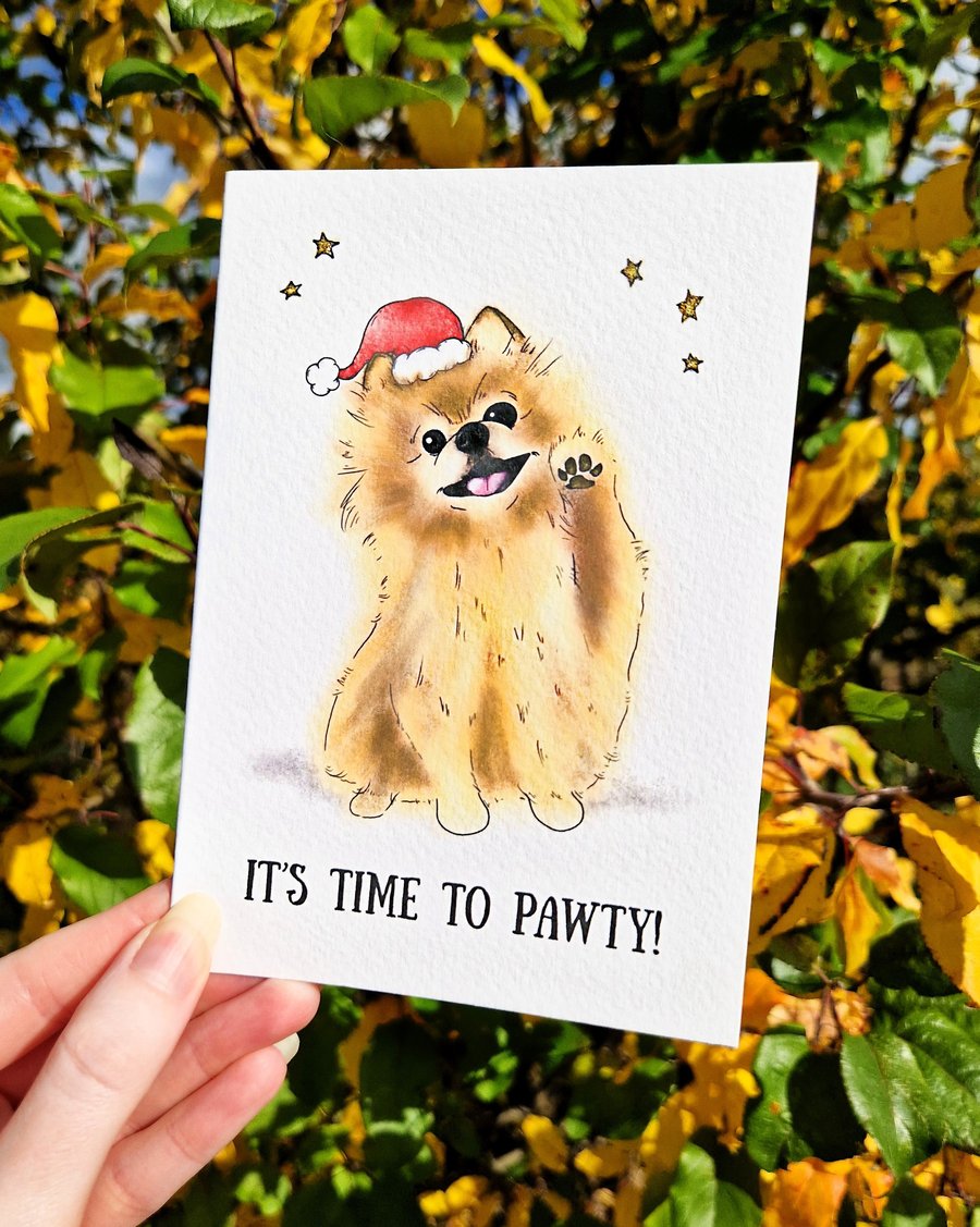 Pomeranian Christmas Card, Funny Dog Christmas Card, Time to Pawty!  