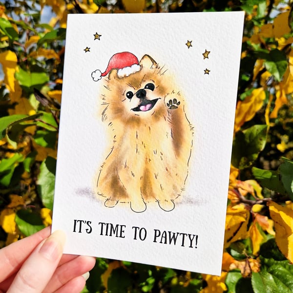 Pomeranian Christmas Card, Funny Dog Christmas Card, Time to Pawty!  