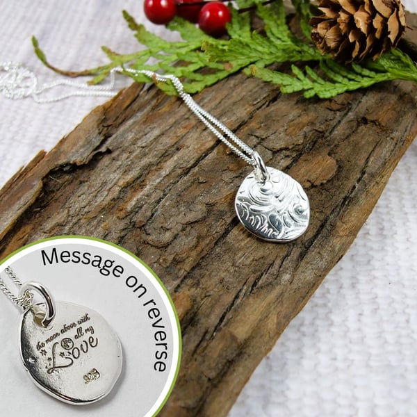 Silver Pebble Necklace. Embossed Pattern with Engraved Moon, Stars and Message