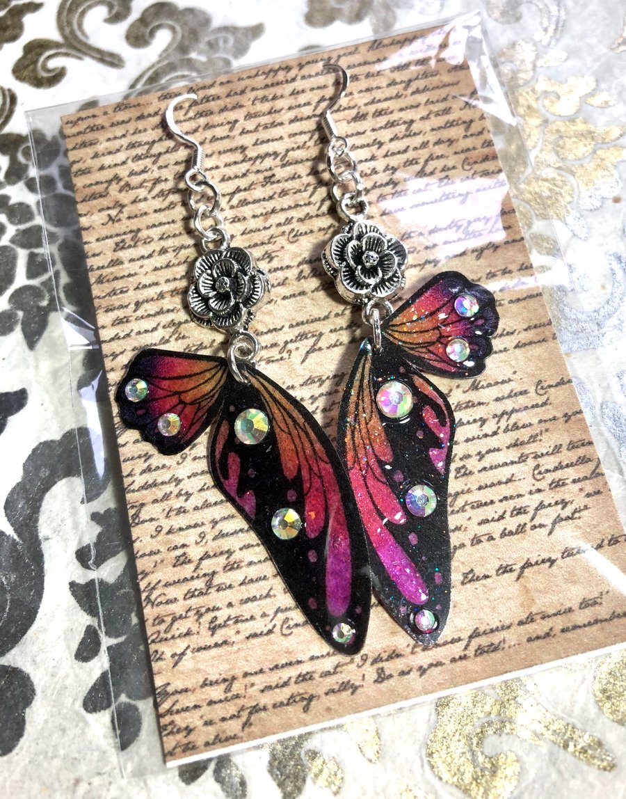 Flower Fairy Wing Sterling Silver Earrings Pink Orange Black