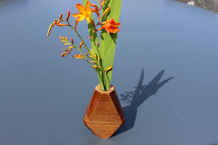 Handcrafted Oak Wood Sculptural Bud Vase with Glass Liner