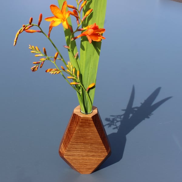 Handcrafted Oak Wood Sculptural Bud Vase with Glass Liner