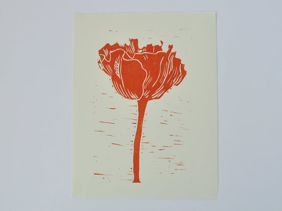 Orange poppy lino print A5 unframed