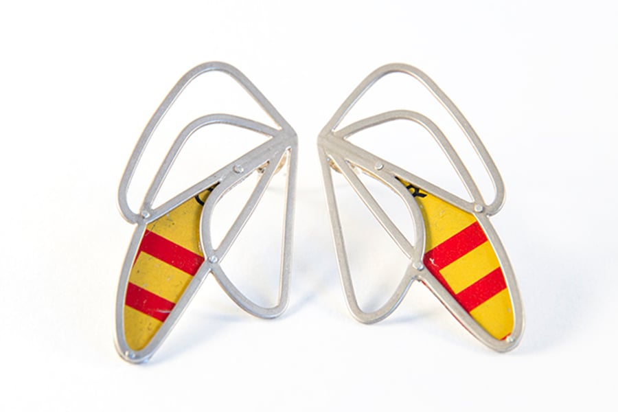 Medium Silver Abstract Wing Yellow and Red Stud