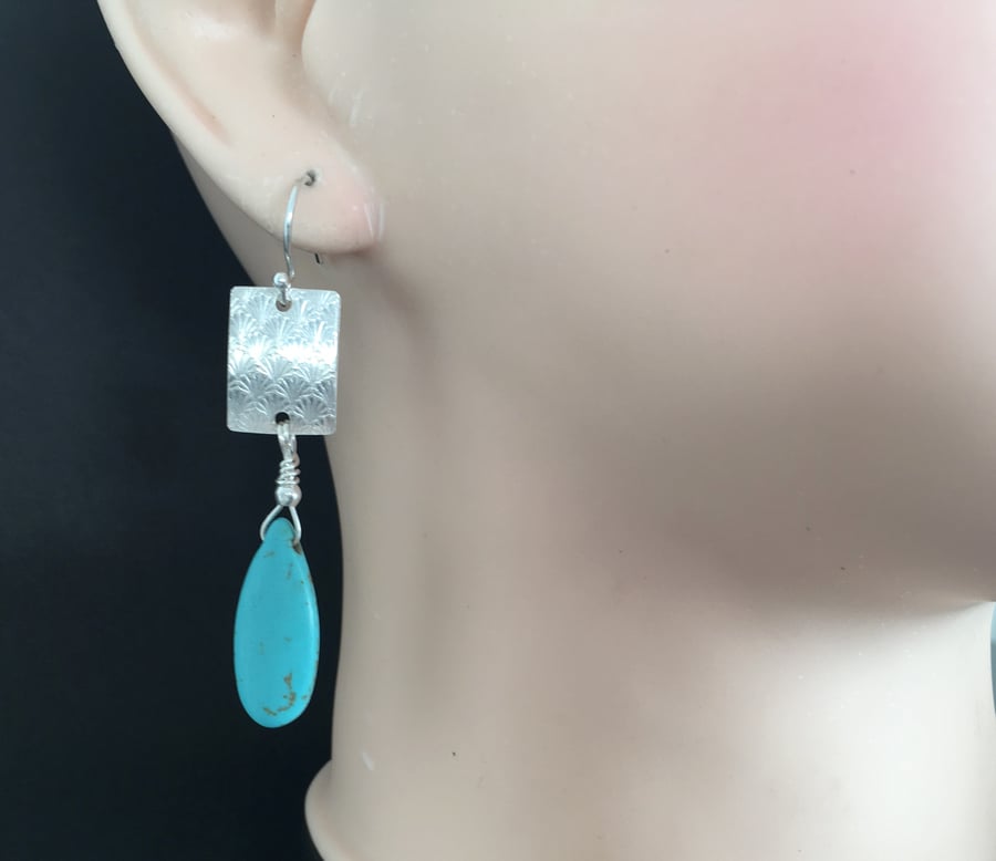 Turquoise Teardrop Sterling Silver Earrings, Long Geometric Earrings