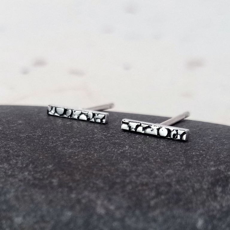 Recycled sterling silver patterned bar studs - handmade earrings
