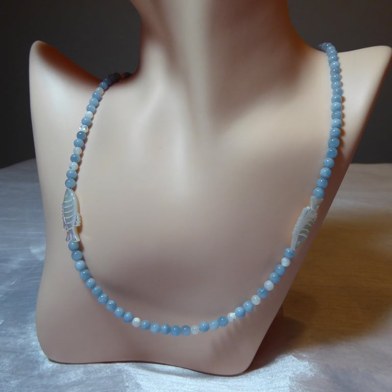   Sterling Silver, Aquamarine & Mother of Pearl Pisces Necklace