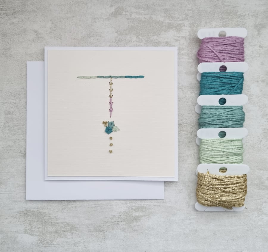 Letter T Embroidered Card, Personalised Bridesmaid Card, Birthday Keepsake Card