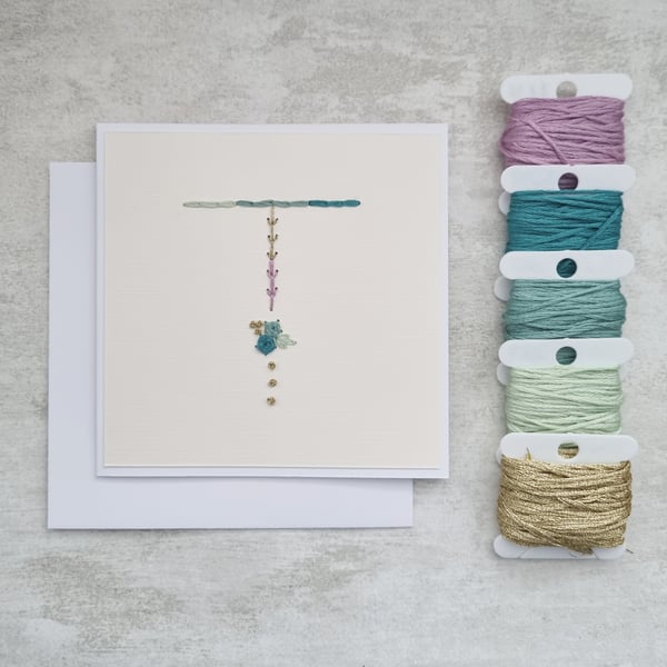 Letter T Embroidered Card, Personalised Bridesmaid Card, Birthday Keepsake Card