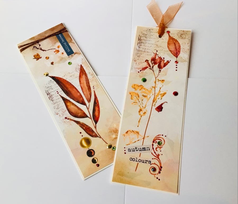 Bookmarks Set of Two, Printed Handfinished Autumnal Collage Flora Design